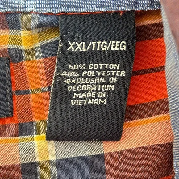 Chaps Easy Care Shirt Mens 2XL Red Orange Navy Plaid Button-Down LS - Picture 3 of 8